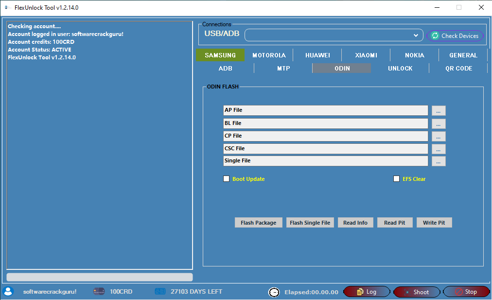 Flexunlock tool samsung odin flash mode showing options to flash ap bl cp and csc files for android device repair and frp removal.