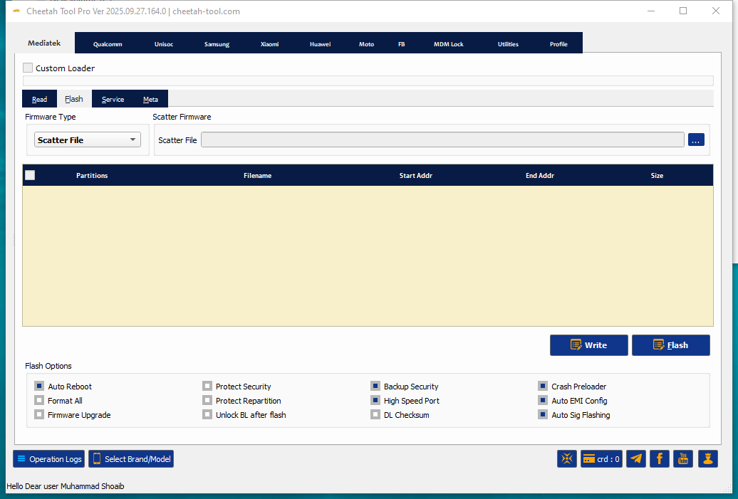 Cheetah tool pro interface showing mediatek qualcomm and unisoc tabs for frp reset mdm removal and firmware flashing.