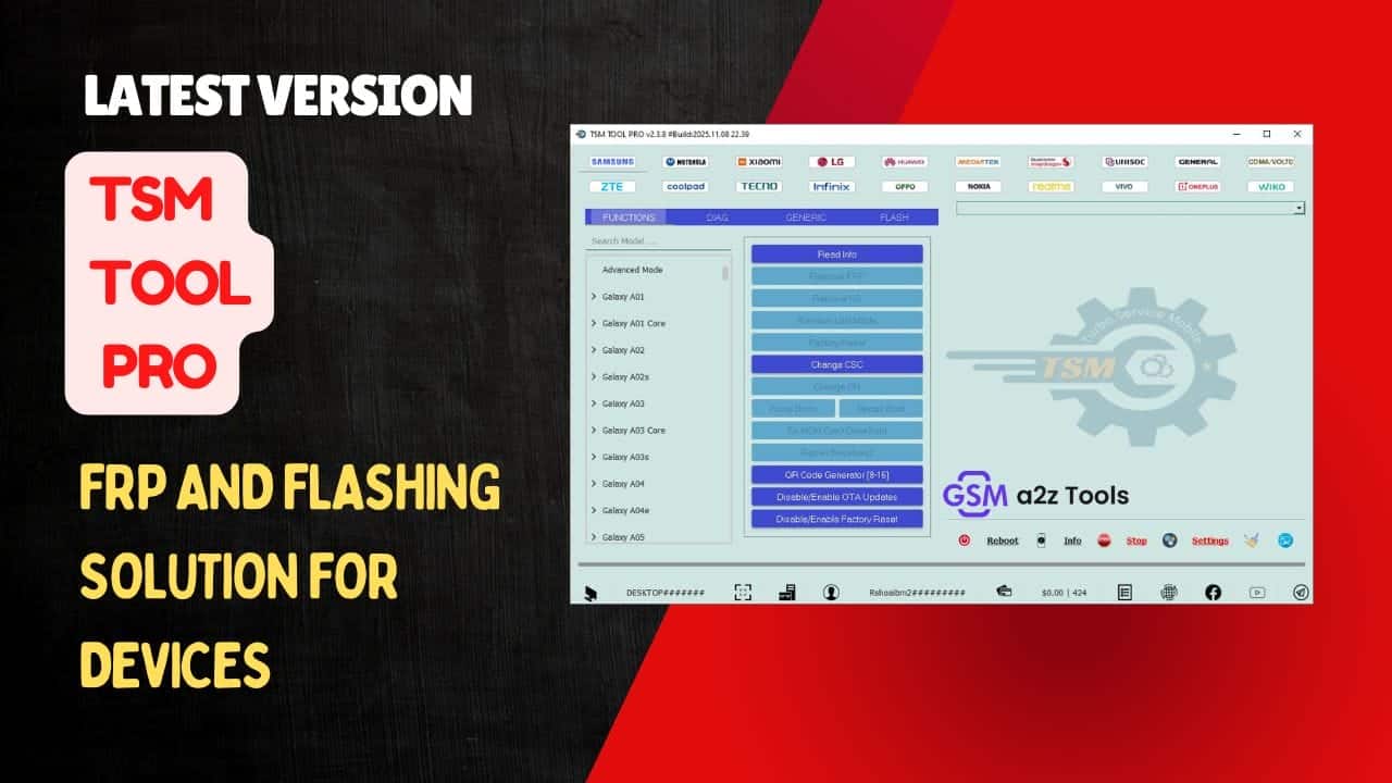 Tsm tool pro software interface for android flashing unlocking and device repair.