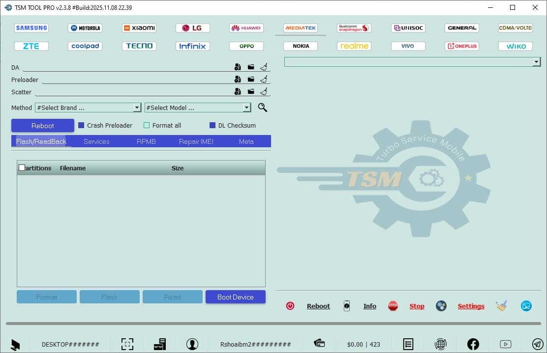 Tsm tool pro flash and readback options interface