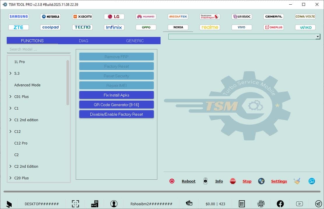 Tsm tool pro functions tab showing remove frp factory reset reset security repair imei fix install apks qr code generator and factory reset control with nokia model list on the left.