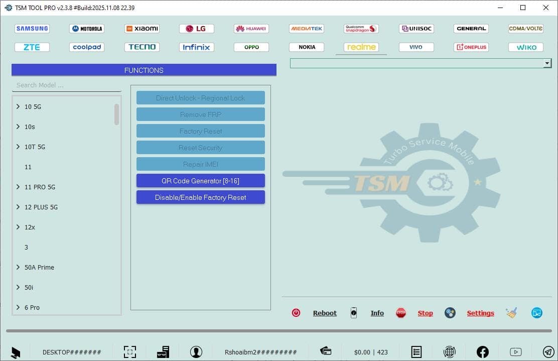 Tsm tool pro functions tab showing direct unlock regional lock remove frp factory reset reset security repair imei qr code generator and factory reset toggle with realme model list on the left.