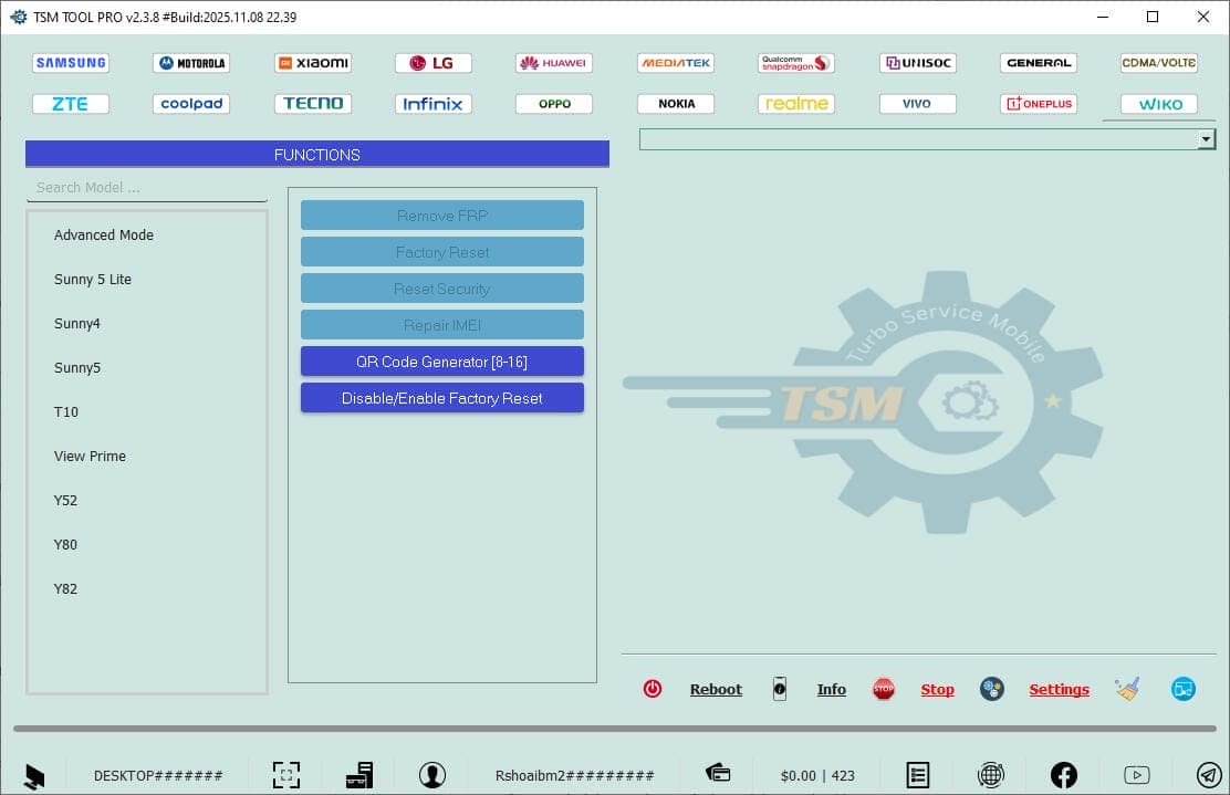 Tsm tool pro functions tab showing remove frp factory reset reset security repair imei qr code generator and factory reset toggle with wiko model list on the left.