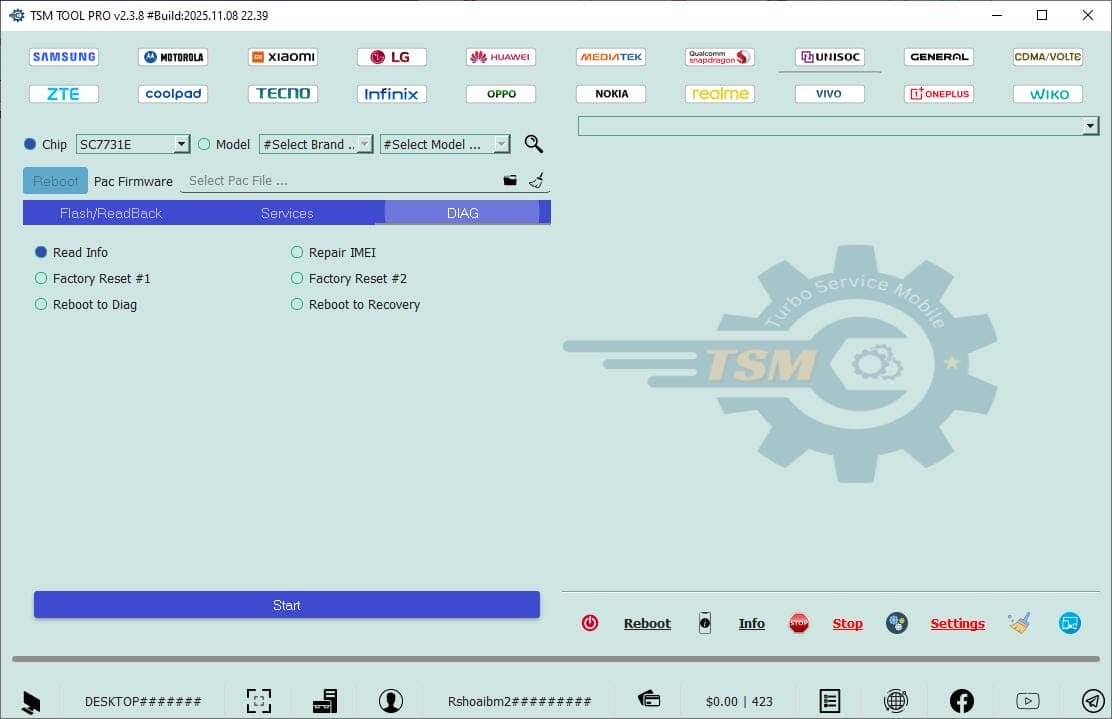 Tsm tool pro generic functions interface showing repair and network options
