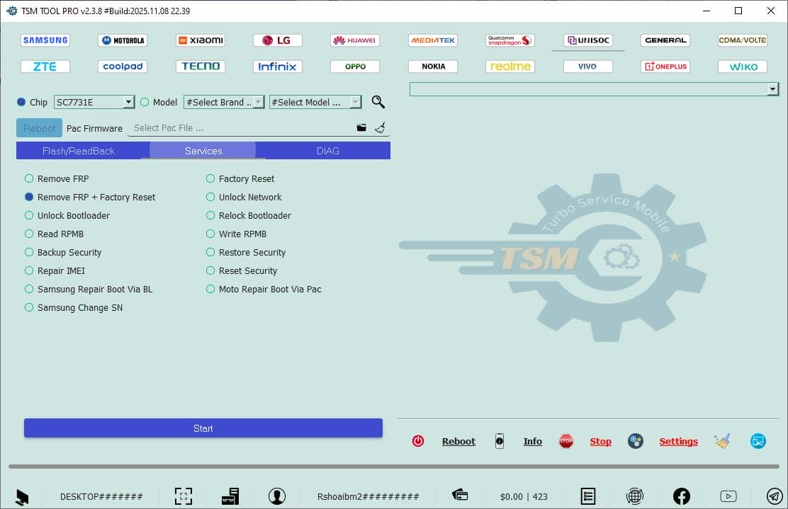 Tsm tool pro generic functions menu showing repair and customization options