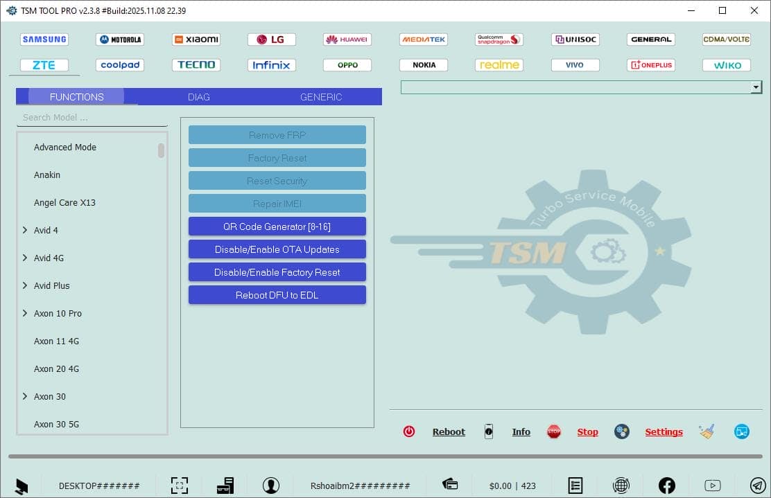Tsm tool pro generic functions menu showing repair and network options