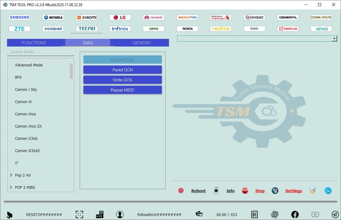 Tsm tool pro diag functions window showing qcn and meid repair options