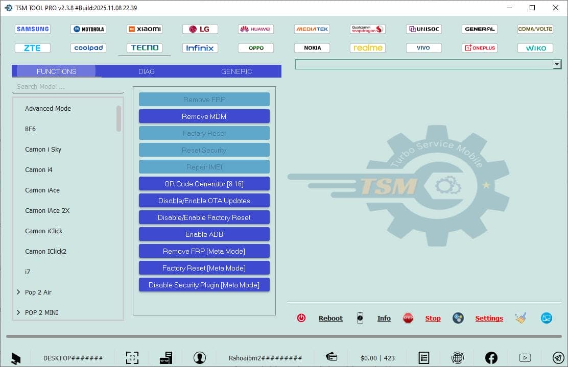 Tsm tool pro tecno functions window showing frp and mdm removal options