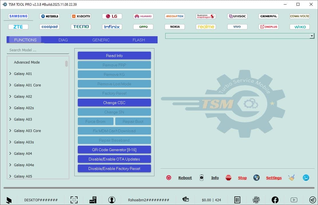 Tsm tool pro generic functions menu showing android service options